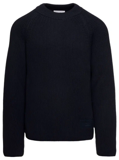 Ami Alexandre Mattiussi Dark Blue Crewneck Ribbed Sweater With Tonal Logo Patch In Wool And Cotton