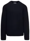 AMI ALEXANDRE MATTIUSSI DARK BLUE CREWNECK RIBBED SWEATER WITH TONAL LOGO PATCH IN WOOL AND COTTON MAN