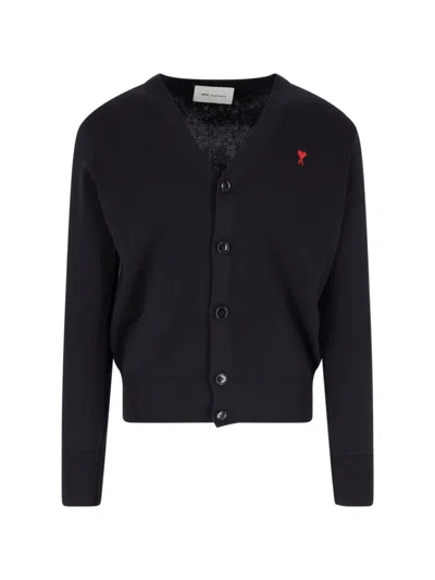 Ami Alexandre Mattiussi V-neck Black Wool Cardigan With Contrast Logo