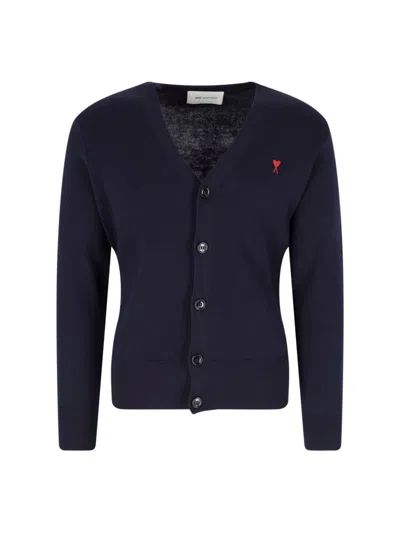 Ami Alexandre Mattiussi Ami Paris Men Blue Cardigan With V Neck And Adc Embroidery On The Front In Wool Blend Man