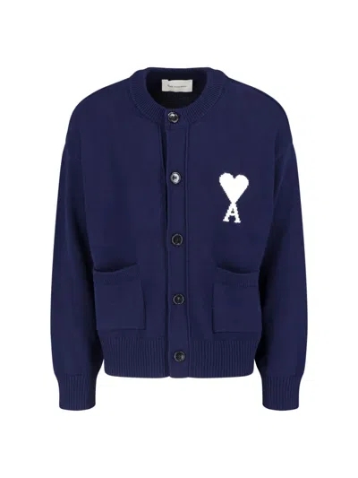 Ami Alexandre Mattiussi Blue Ami De Coeur Round Neck Cardigan