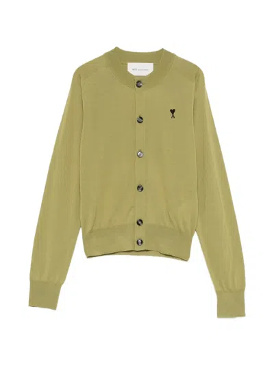 Ami Alexandre Mattiussi Green Wool Crewneck Ami De Coeur Cardigan Green In Gold