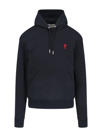 Ami Alexandre Mattiussi Ami Navy Blue Cotton Jersey Hoodie With Signature Monogram