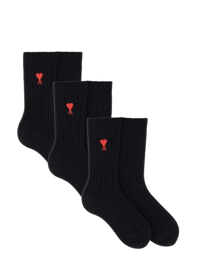 Ami Alexandre Mattiussi De Coeur Logo Intarsia Set Of Three Socks In Black