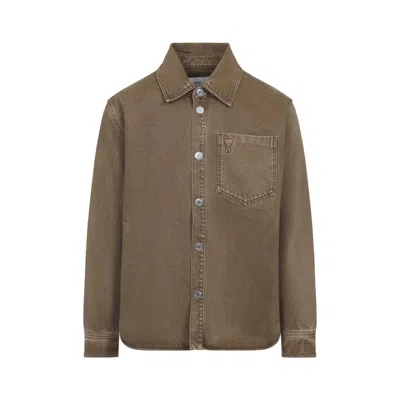 AMI ALEXANDRE MATTIUSSI DE COEUR OVERSHIRT IN HAZELNUT BROWN COTTON