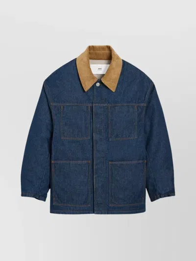 AMI ALEXANDRE MATTIUSSI DENIM JACKET WITH CORDUROY COLLAR AND POCKETS