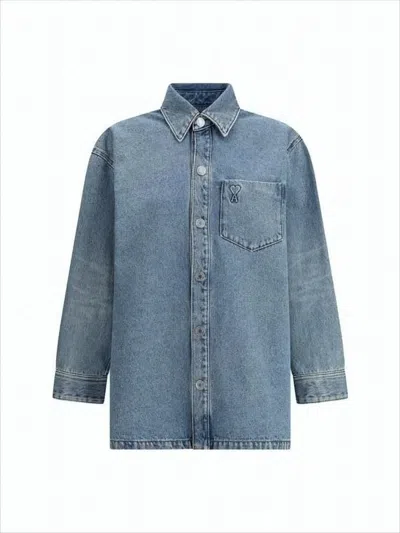 AMI ALEXANDRE MATTIUSSI DENIM SHIRT WITH CLASSIC COLLAR AND EMBROIDERED DETAILING