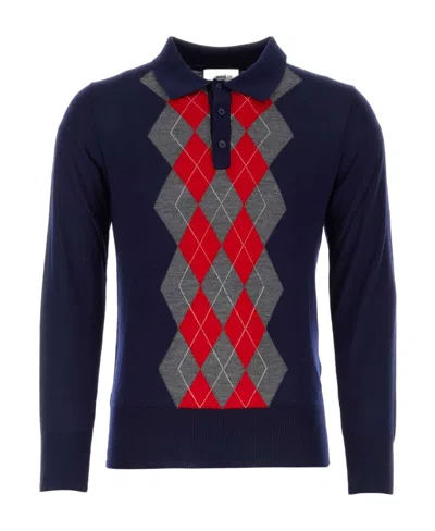 Ami Alexandre Mattiussi Diamond Plaid Knitted Polo Shirt In Blue