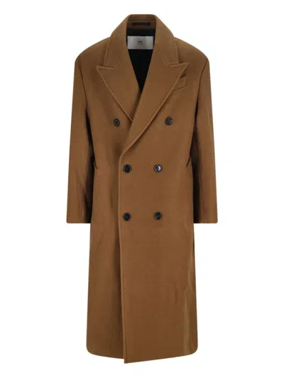 AMI ALEXANDRE MATTIUSSI DOUBLE-BREASTED COAT - BROWN