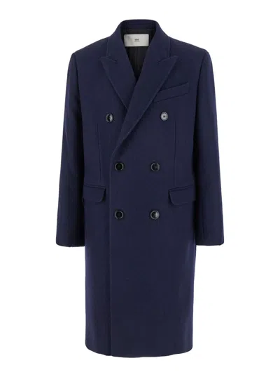 AMI ALEXANDRE MATTIUSSI BLUE DOUBLE-BREASTED COAT WITH PEAK REVERS IN WOOL MAN