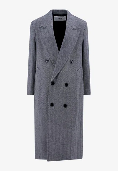 AMI ALEXANDRE MATTIUSSI DOUBLE-BREASTED HERRINGBONE WOOL COAT