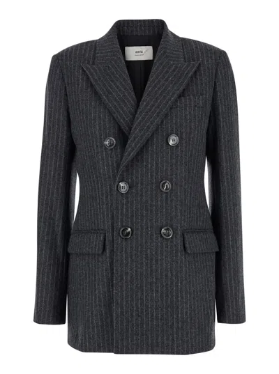 AMI ALEXANDRE MATTIUSSI GREY STRIPED DOUBLE-BREASTED JACKET IN WOOL WOMAN