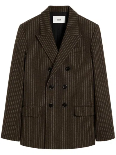 Ami Alexandre Mattiussi Double Breasted Wool Blazer In Dark Coffe/ Sable