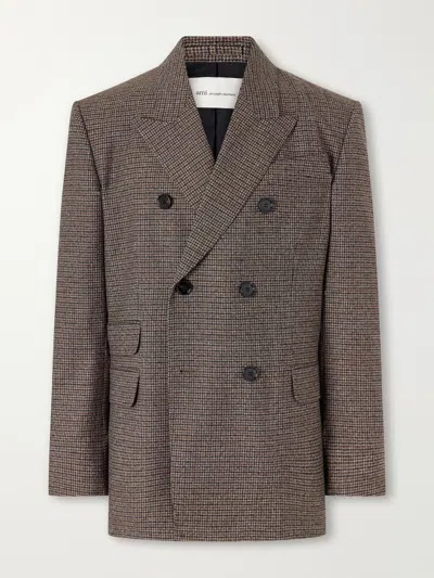 Ami Alexandre Mattiussi Double-breasted Houndstooth Virgin Wool Blazer In Brown