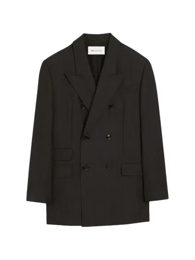 Ami Alexandre Mattiussi Double-breasted Striped Wool Blazer In Gray