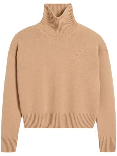 Ami Alexandre Mattiussi Embossed Ami De Coeur Roll-neck Jumper In Nude