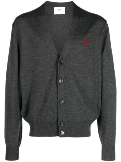 AMI ALEXANDRE MATTIUSSI EMBROIDERED GREY MERINO CARDIGAN