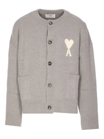 AMI ALEXANDRE MATTIUSSI EMBROIDERED LOGO BUTTON CARDIGAN
