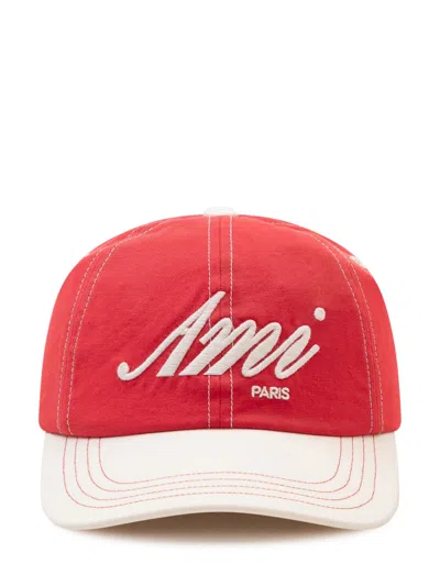 Ami Alexandre Mattiussi Embroidered Logo Cap In Rouge Rubis/ivoire