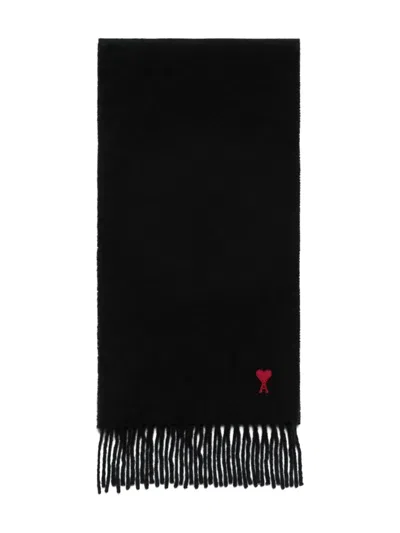 Ami Alexandre Mattiussi Embroidered Logo Fringe Scarf In Black