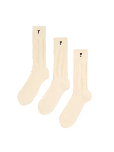 Ami Alexandre Mattiussi Embroidered Logo Trio Socks Set In Off White
