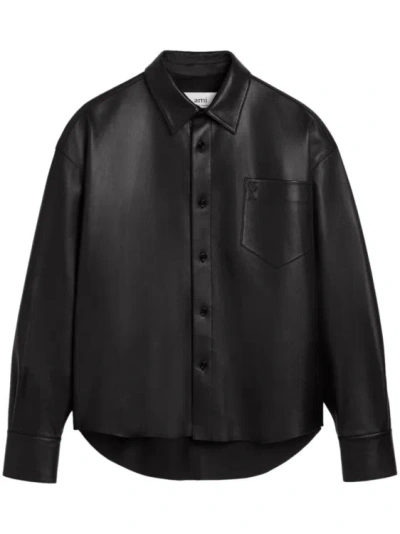 Ami Alexandre Mattiussi Ami De Coeur-embroidery Lambskin Shirt In Black