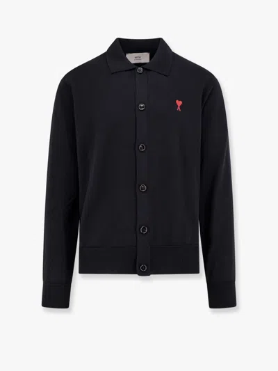 Ami Alexandre Mattiussi Extrafine Merino Wool Polo Shirt With Buttons In Black