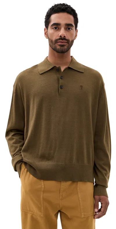 Ami Alexandre Mattiussi Extrafine Wool And Silk Knit Shirt Noisette In Green