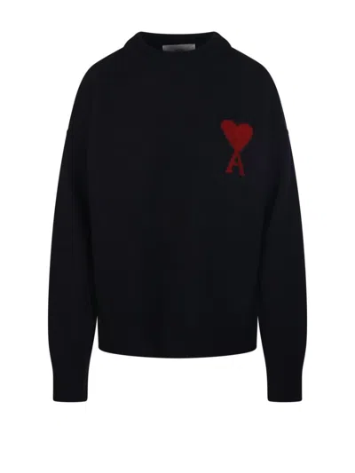 Ami Alexandre Mattiussi Felted Merino Adc Round Neck Sweater In Black