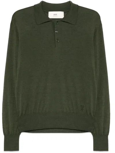 Ami Alexandre Mattiussi Fine-knit Polo Shirt In Green