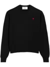 Ami Alexandre Mattiussi Merino Wool Round Neck Sweater With Heart Detail In Black