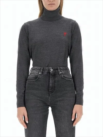 Ami Alexandre Mattiussi Fitted Merino Wool Turtleneck Sweater With Ribbed Cuffs In Gray