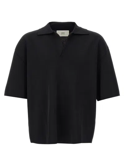 Ami Alexandre Mattiussi Fitted V-neck Polo Shirt With Classic Collar And Short Sleeves In Black