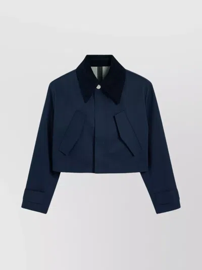 Ami Alexandre Mattiussi Flap Pocket Cropped Jacket With Corduroy Collar In Navy Blue/ Clay Blue