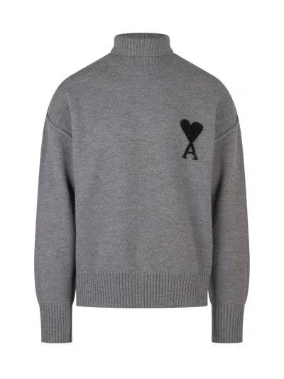 Ami Alexandre Mattiussi Funnel Neck Sweater In Gris Cendre