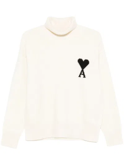 Ami Alexandre Mattiussi Funnel Neck Wool Sweater With Heart Emblem In Neutral