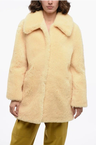 Ami Alexandre Mattiussi Fur Coat With Hook Closure In Yellow