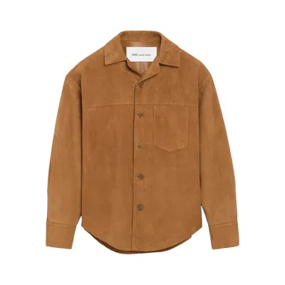 Ami Alexandre Mattiussi Suede Oversize Shirt Long Sleeves Chest Pocket In Brown