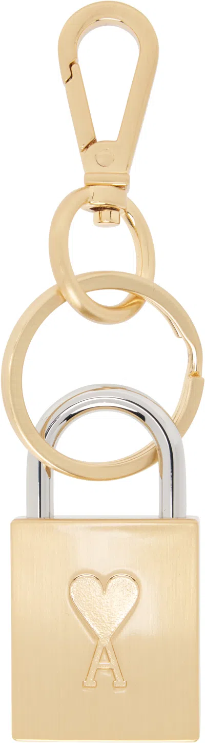 Ami Alexandre Mattiussi Gold Ami De Coeur Padlock Keychain In 909 Brushed Brass