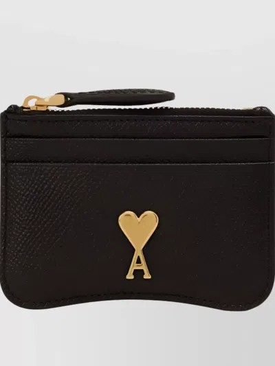 Ami Alexandre Mattiussi Grained Leather Card Case With Gold-tone Accents In Black