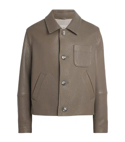 Ami Alexandre Mattiussi Grained Leather Shirt Jacket In Grey