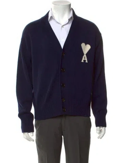 Pre-owned Ami Alexandre Mattiussi Graphic Print V-neck Cardigan In Blue