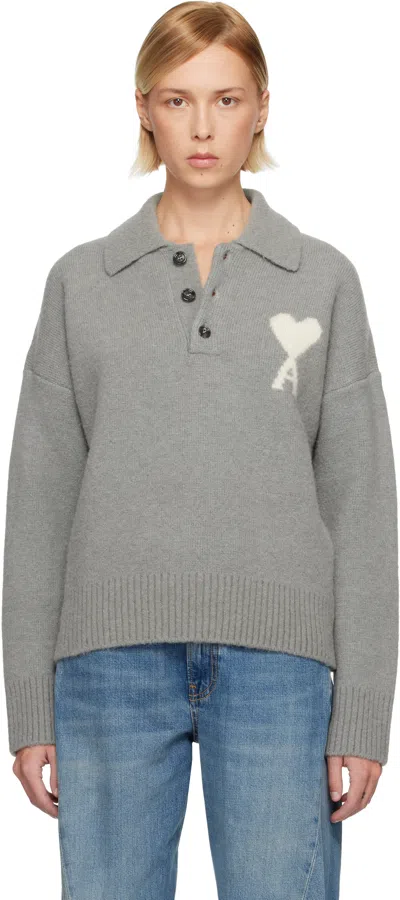 Ami Alexandre Mattiussi Gray Alpaca Long Sleeves Ami De Coeur Polo