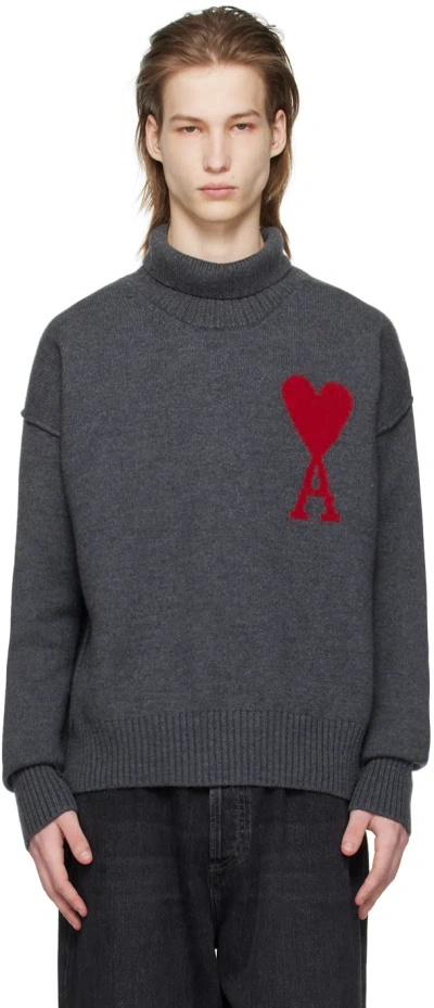 Ami Alexandre Mattiussi Ami Paris Minimalist Wool Turtleneck Sweater With Dropped Shoulders And Intarsia Chest Motif In Transparent