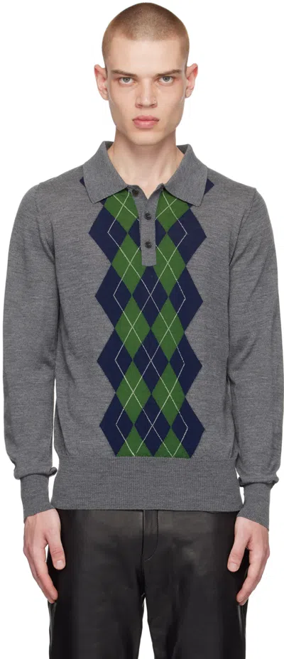 Ami Alexandre Mattiussi Poloshirt Mit Rautenmuster In Heather Grey/navy/gr
