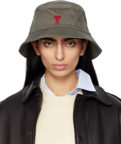 Ami Alexandre Mattiussi Gray Cotton Ami De Coeur Embroidery Bucket Hat In Smoke Grey