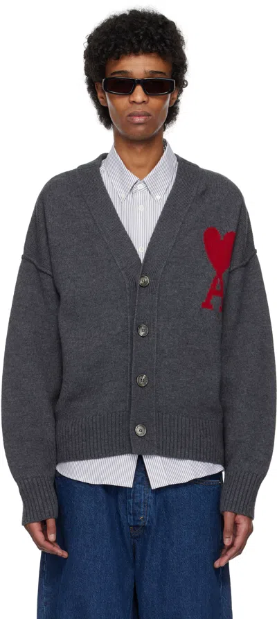 Ami Alexandre Mattiussi Gray Wool Ami De Coeur Cardigan In 084 Heather Grey/red