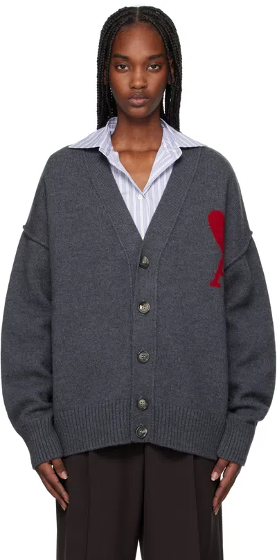 Ami Alexandre Mattiussi Gray Wool Ami De Coeur Cardigan In Heather Grey/red/084