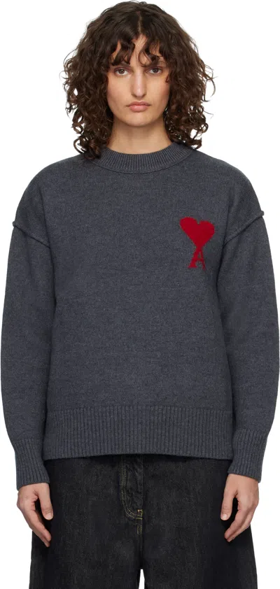 Ami Alexandre Mattiussi Gray Wool Crewneck Ami De Coeur Sweater