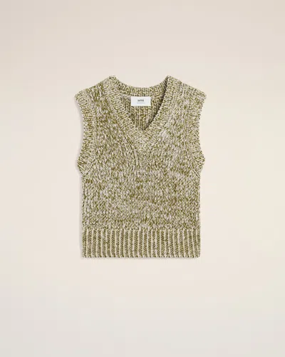Ami Alexandre Mattiussi Green Cotton And Wool Sleeveless V Neck Sweater White In White Cream/lichen
